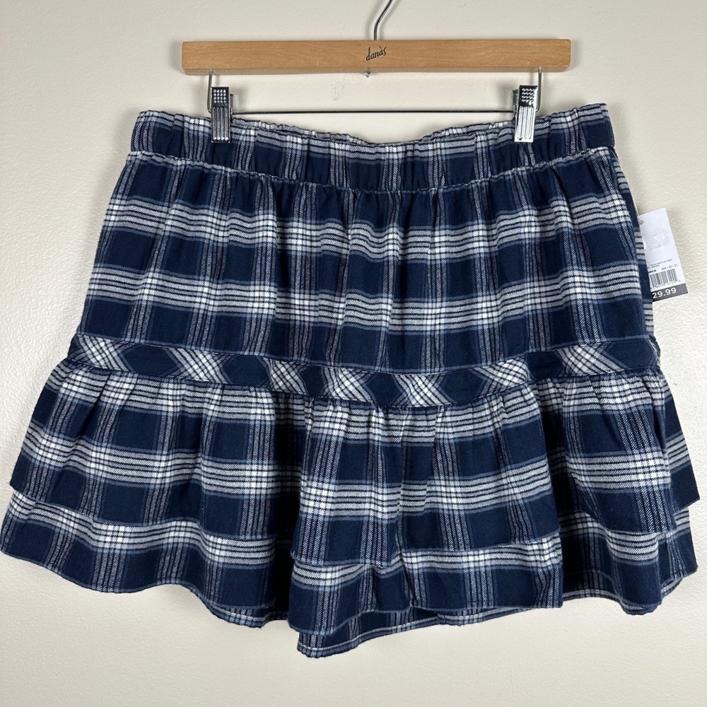SO Women's XL Mini Ruffle Skirt Navy Grey Plaid Clueless‎ Preppy NEW